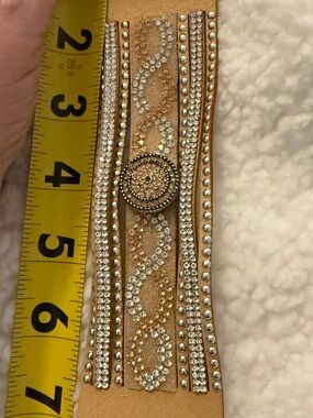 Tan Embellished Multi-Row Leather Wrap Bracelet with Crystal Button
